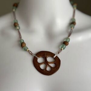 Handmade Silver Glass & Wood Beaded  Necklace
